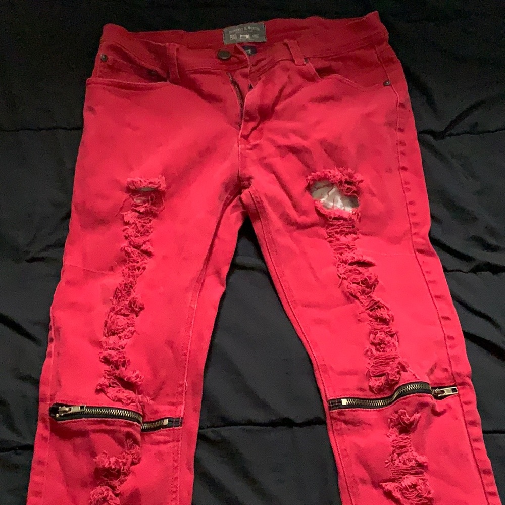 Mens red ripped biker jeans size 34W x 32L